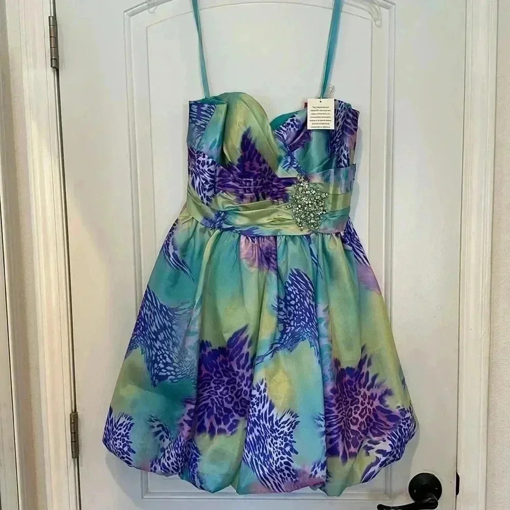 NWT Mori Lee Sticks & Stones Teal/Purple Leopard Homecoming Prom Mini Dress 9/10